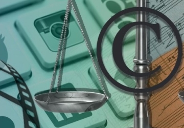 Symbols of arts with scales of justice and copyright mark